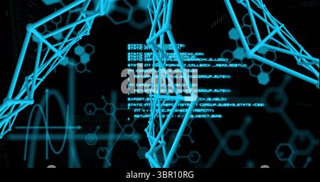 Displaying blue lattice network forming 3D shapes on dark digital display, with code overlays. Futuristic, cyber, visualization, abstract, technology, Stock Photo