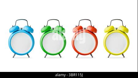 Set of alarm clocks red, blue, green, yellow color without hands and dial with empty space for design isolated on white background with clipping path Stock Photo