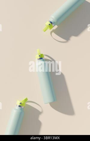 Three blue water bottles on a beige background. 3d rendering Stock Photo