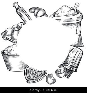 A round frame on the theme of baking, a bag of flour, a rolling pin, croissants, sweet buns, eggs, a bowl of dough. The illustration is suitable for Stock Vector
