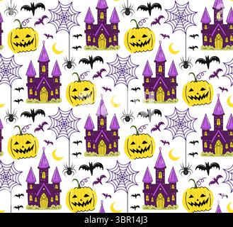 Happy Halloween seamless vector patterns set with pumpkins haunted house ghosts candy bats and magic elements perfect for kids fabric stickers cards Stock Vector