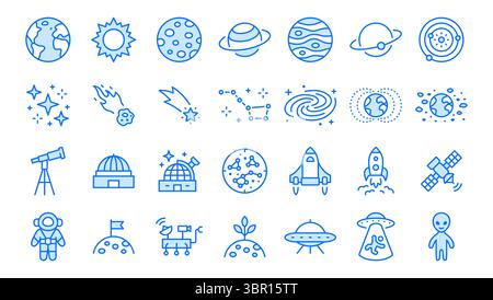 Astronomy line icon set. Space planet, Earth, moon, sun, galaxy, rocket astronaut, alien minimal vector illustrations. Simple outline signs for cosmos Stock Vector