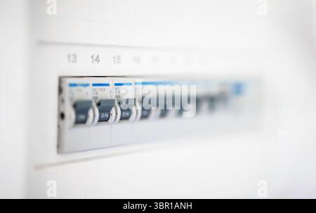 Close-up view of switches on fuse board. Stock Photo