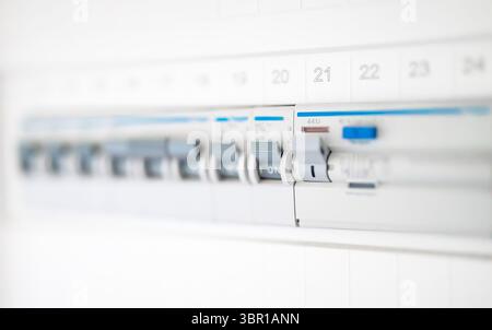 Close-up view of switches on fuse board. Stock Photo