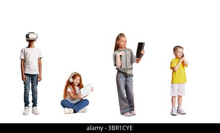 Children using digital devices and virtual reality headset isolated on white background Stock Photo