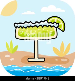 Lime margarita long drink on a tropical beach flat vector illustration Stock Vector