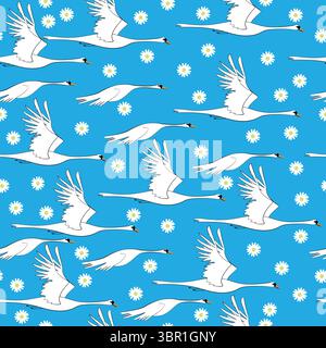 Hand draw swans over blue background seamless pattern on blue background; flying swans seamless Stock Vector