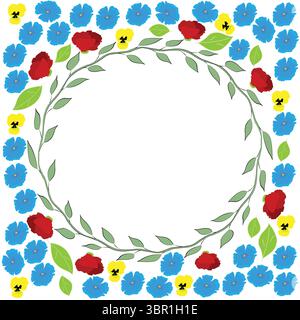 Floral frame with flowers and leaves; scatttered flowers around a leaf wreath Stock Vector