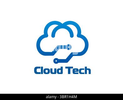 Cloud technology icon. Vector blue, futuristic and digital emblem with circuit connections emerging from the base, representing cloud computing and technology, symbolizing innovation in cloud services Stock Vector