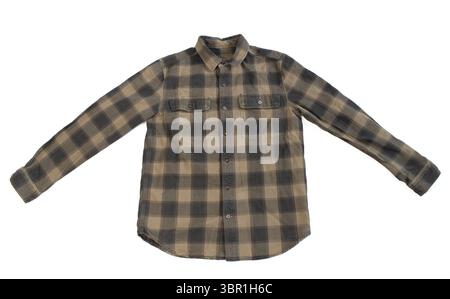 Brown and black plaid flannel shirt with long sleeves, front view laid flat on white background. Stock Photo