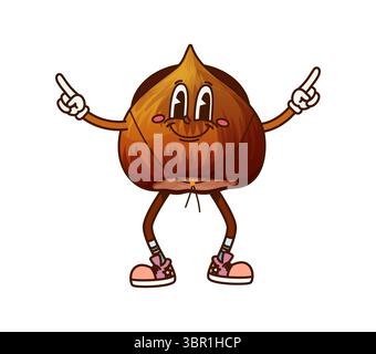 Cartoon groovy hazelnut nut and seed cowboy and bandit character wearing retro cowpuncher hat standing with pointing finger gesture and friendly smile. Isolated vector healthy snack food y2k personage Stock Vector