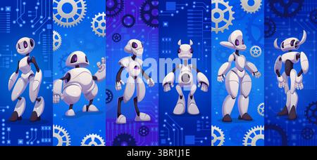 Cartoon futuristic robot and droid characters collage. Vector mechanical backgrounds showing gears and circuits, advanced technology and innovative robotics, artificial intelligence cyber machines Stock Vector
