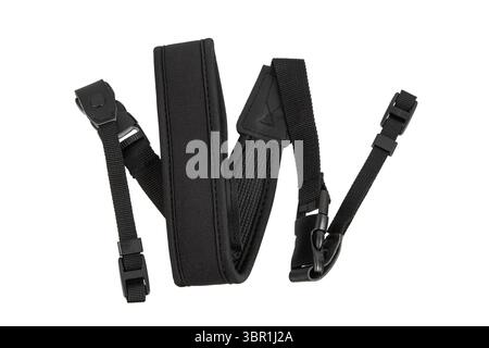 Adjustable black shoulder strap with padded section and nylon webbing, suitable for tactical or outdoor gear. Stock Photo
