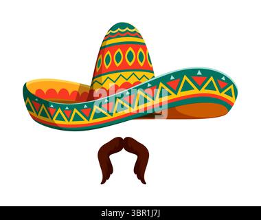 Cartoon Mexican mariachi sombrero hat with moustaches. Isolated vector traditional straw cap adorned with vibrant colors and patterns, symbolizes Latin culture, festive spirit and tradition of country Stock Vector