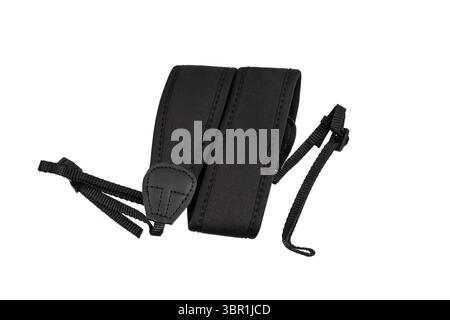 Adjustable black shoulder strap with padded section and nylon webbing, suitable for tactical or outdoor gear. Stock Photo