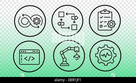 DevOps workflow icons set. Development operations process automation cycle. Technology software engineering release pipeline testing management Stock Vector