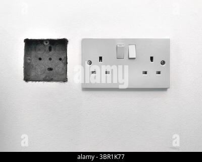Close-up view of a UK double electrical outlet with switches next to an empty electrical wall cavity box on a plain white wall Stock Photo