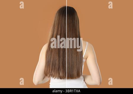 Hair combing, straightening. Woman showing hairstyle before and after different procedures on brown background, back view. Photo divided in halves Stock Photo