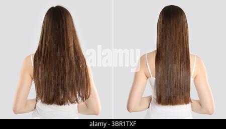 Hair combing, straightening. Woman showing hairstyle before and after different procedures on light background, back view. Collage of photos Stock Photo