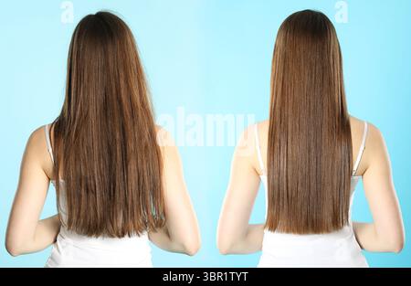 Hair combing, straightening. Woman showing hairstyle before and after different procedures on light blue background, back view. Collage with photos Stock Photo