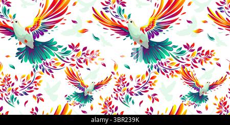 The colorful bird of peace, the dove Seamless pattern for fabric. hand drawing. Not AI. Vector illustration Stock Vector