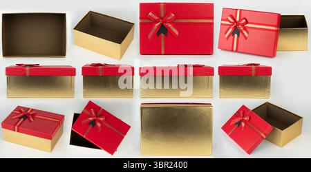 Golden color gift box with ribbon different views isolated on white studio background Stock Photo