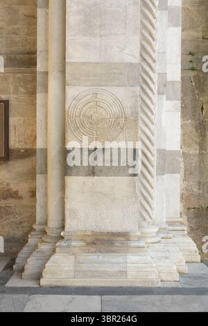 Medieval stone labyrinth on the facade of San Martino Cathedral in Lucca, Italy, a symbolic Christian motif from the 12th or 13th century. Stock Photo