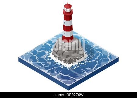A striking Isometric lighthouse stands majestically on a rugged rock formation, surrounded by dynamic, splashing waves in the vast ocean Stock Vector