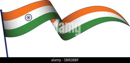 Waving Indian Flag Banner – Horizontal Vector Design Patriotic India Tricolor Ribbon Element on White Background, Independence Day Flying Flag Illustr Stock Vector