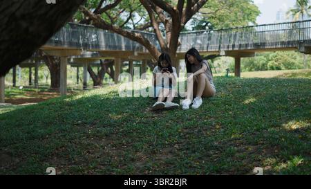 Two young women are sitting on a grassy hill in a park, using their smartphones Stock Photo