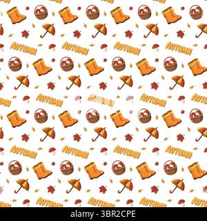 Seamless fall pattern with boots, umbrella, mushrooms, basket and Autumn text. Back to school cartoon vector background.  Stock Vector
