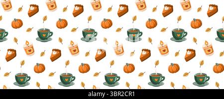 Seamless fall pattern with tea cups, pumpkins, pie slices and candles. Autumn cartoon vector background Stock Vector