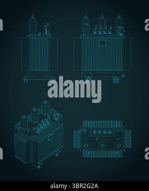 Stylized vector illustration of blueprints of power three-phase transformer Stock Vector