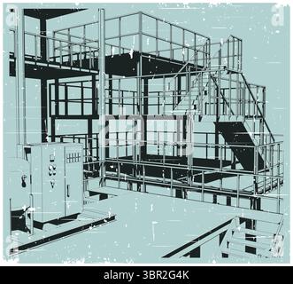 Industrial production interior with metal stairs, platforms and equipments, retro poster style vector illustration Stock Vector