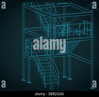 Industrial metal staircase isometric drawing stylized vector illustration Stock Vector
