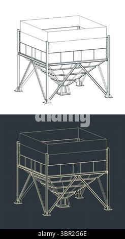 Agricultural hopper for grains isometric blueprints stylized vector illustrations Stock Vector