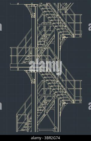 Industrial metal staircase isometric blueprint stylized vector illustration Stock Vector