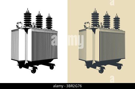Power three-phase transformer stylized vector illustrations Stock Vector