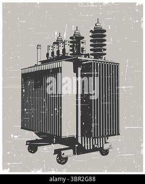 Power three-phase transformer retro poster stylized vector illustration Stock Vector