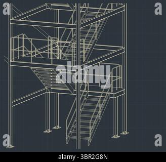Industrial metal staircase isometric drawing stylized vector illustration Stock Vector