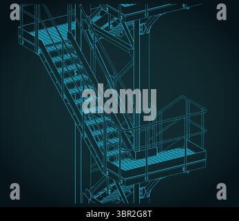 Industrial metal staircase isometric  drawing stylized vector illustration Stock Vector