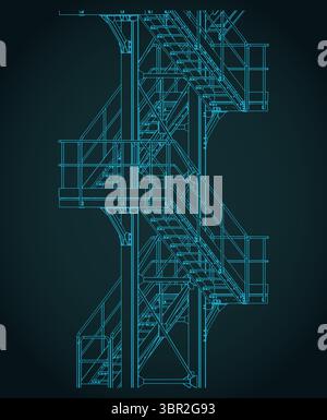 Industrial metal staircase isometric blueprint stylized vector illustration Stock Vector