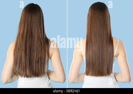 Hair combing, straightening. Woman showing hairstyle before and after different procedures on light blue background, back view. Collage of photos Stock Photo
