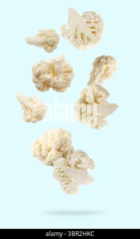 Fresh cauliflower florets falling on light blue background Stock Photo