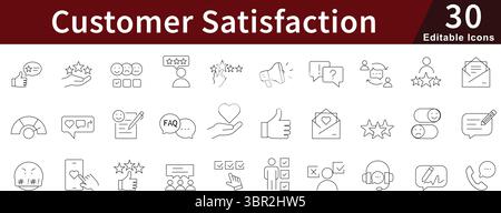 Customer Satisfaction Editable Line Icons Set for Feedback, Rating, Service Quality, and Client Experience Stock Vector