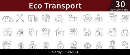 Eco Transport Editable Line Icons Set for Green Mobility, Sustainable Travel, and Clean Transportation Concepts Stock Vector