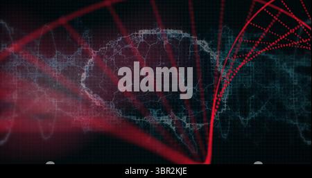 Displaying red curved lines forming helix over dark blue grid, highlighting global network traces Stock Photo