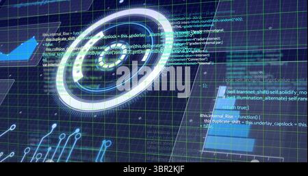 Showing circular hologram rotating in UI, with neon grid lines, code snippets and circuit traces Stock Photo