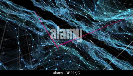 Displaying blue nodes converging with particle streams and pink arrows in digital wireframe mesh Stock Photo