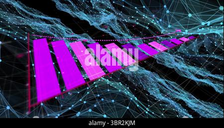 Floating magenta 3D bars receding in dark virtual data space, with azure nodes and dotted line Stock Photo